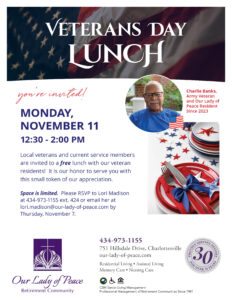 Inviting local Veterans to join us at Our Lady of Peace for a free BBQ Luncheon